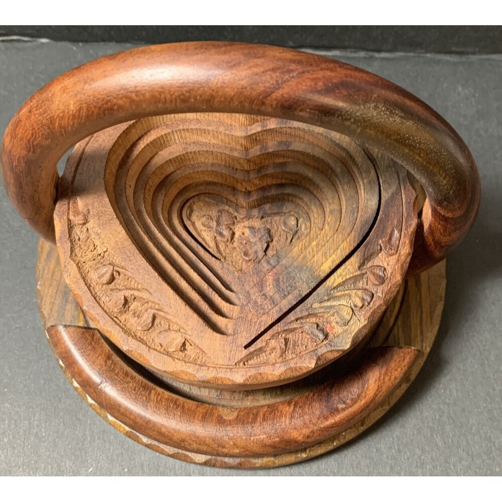 Collapsible Wooden Basket Hand Carved Foldable Bowl Ornate Vintage Tramp Art - Picture 2 of 5